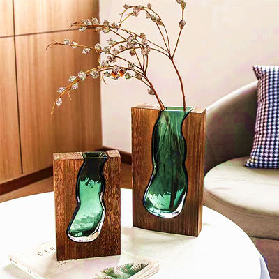 H24cm Artistic Wood Glass Vase Wooden Base Cylindrical Flower Vase Unique Home