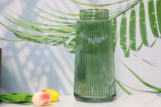 Green Fluted Vase with Golden Metal Top Glass Vase Home Office Decorative Flower Holder