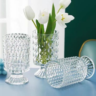 Crystal Cylinder Glass Vases for Flowers Embossed Big Base Vase Decorative Clear Glass Candle Holder